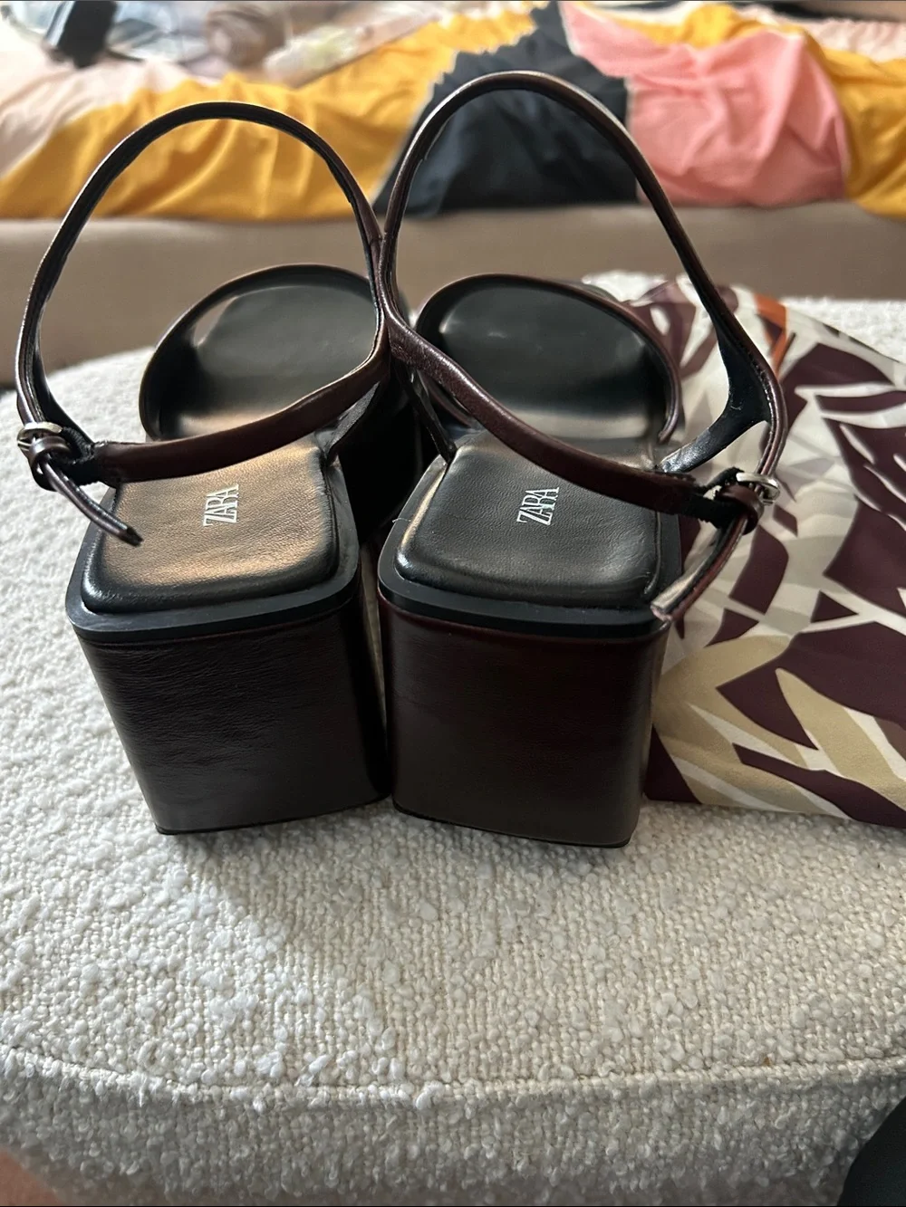 Zara Dark Brown Leather Square-Toe Block Heel Sandals - Picture 3 of 4